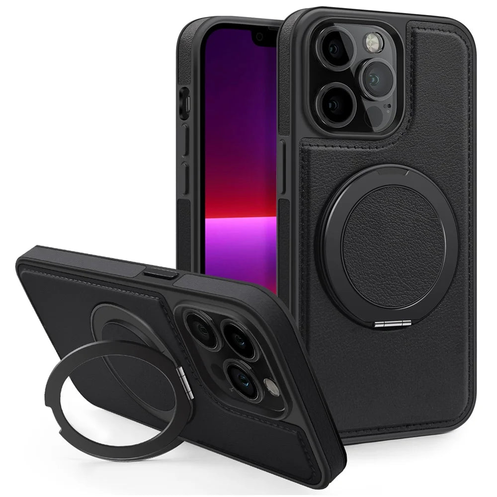 For iPhone 13 Pro Case with Ring Kickstand Compatible with MagSafe PU Leather Back Cover - Black - 1