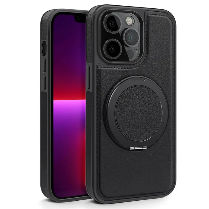 For iPhone 13 Pro Case with Ring Kickstand Compatible with MagSafe PU Leather Back Cover - Black - 2