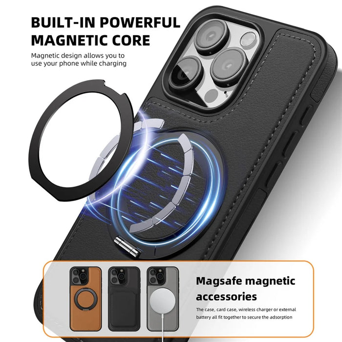 For iPhone 13 Pro Case with Ring Kickstand Compatible with MagSafe PU Leather Back Cover - Black - 3