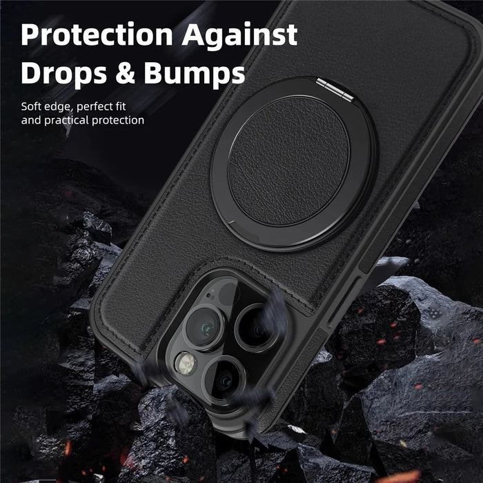 For iPhone 13 Pro Case with Ring Kickstand Compatible with MagSafe PU Leather Back Cover - Black - 5