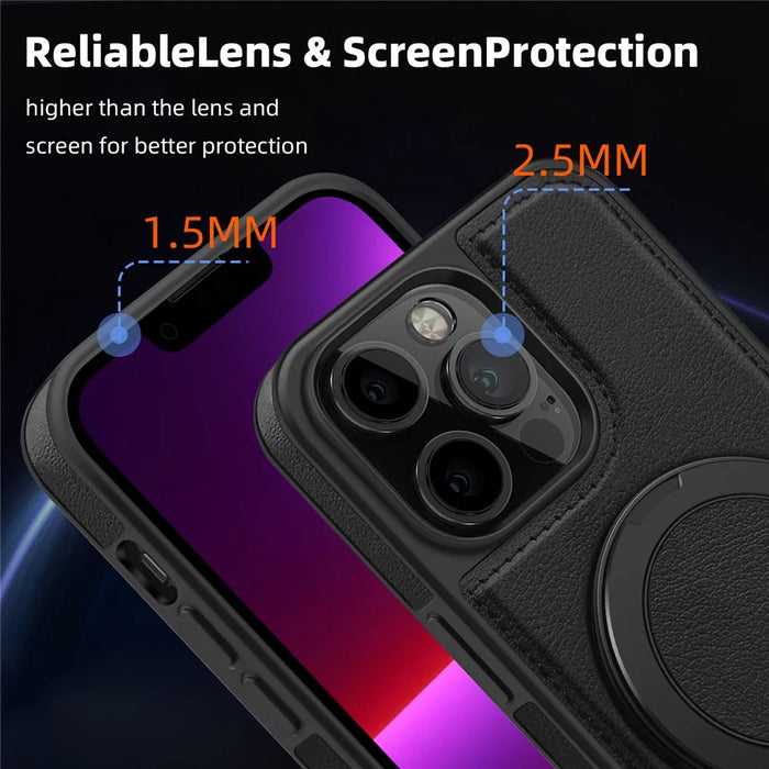 For iPhone 13 Pro Case with Ring Kickstand Compatible with MagSafe PU Leather Back Cover - Black - 7
