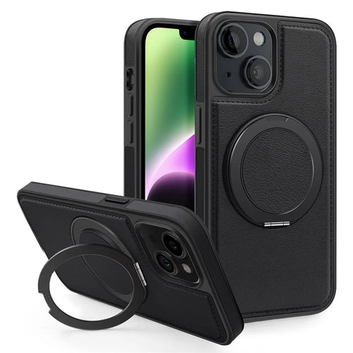 For iPhone 14 Case with Ring Kickstand Compatible with MagSafe PU Leather Back Cover - Black - 1