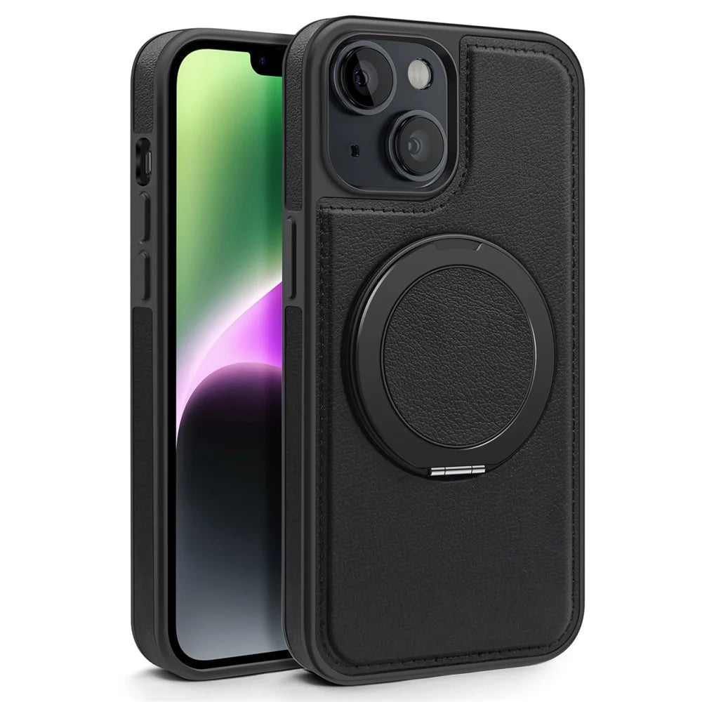 For iPhone 14 Case with Ring Kickstand Compatible with MagSafe PU Leather Back Cover - Black - 2