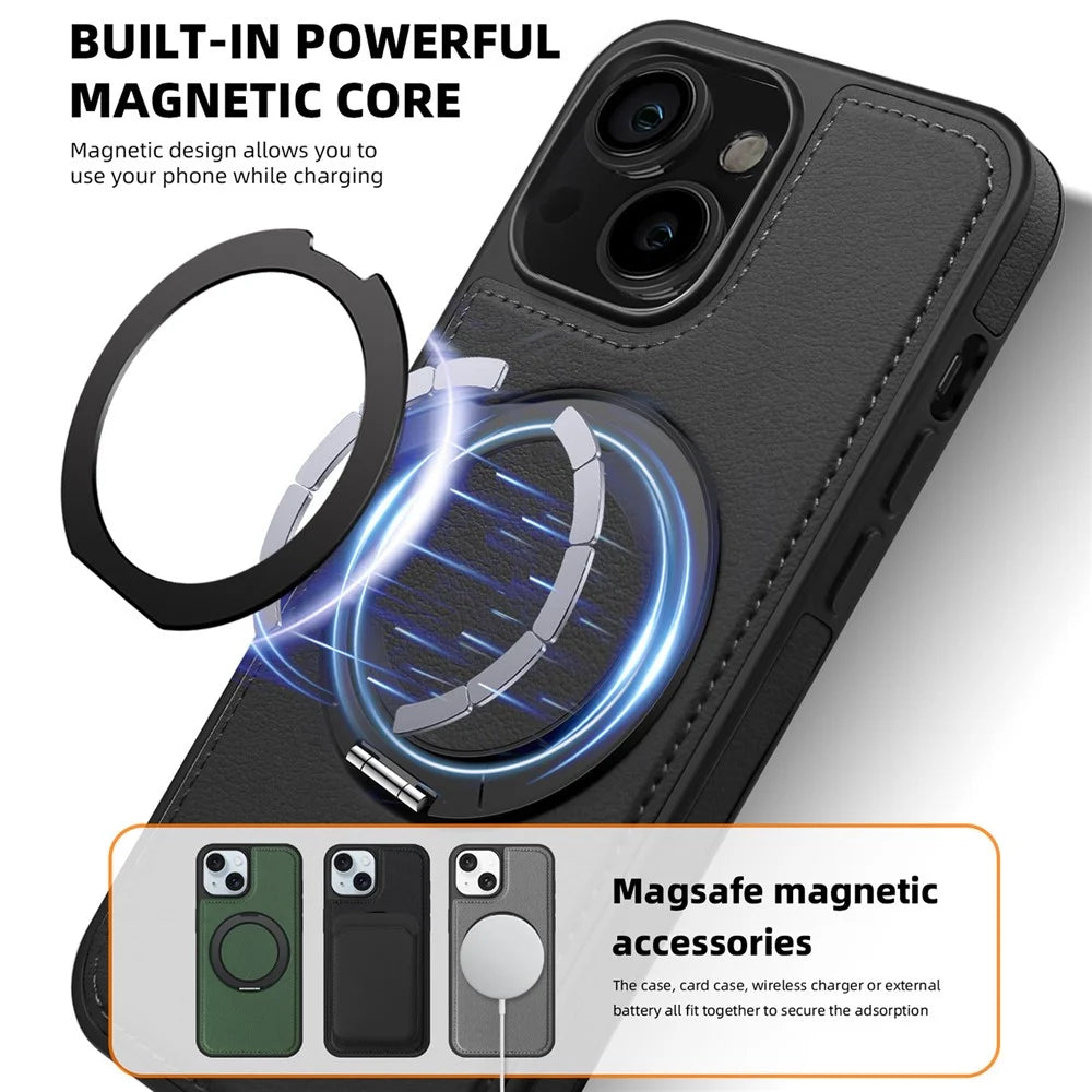 For iPhone 14 Case with Ring Kickstand Compatible with MagSafe PU Leather Back Cover - Black - 4