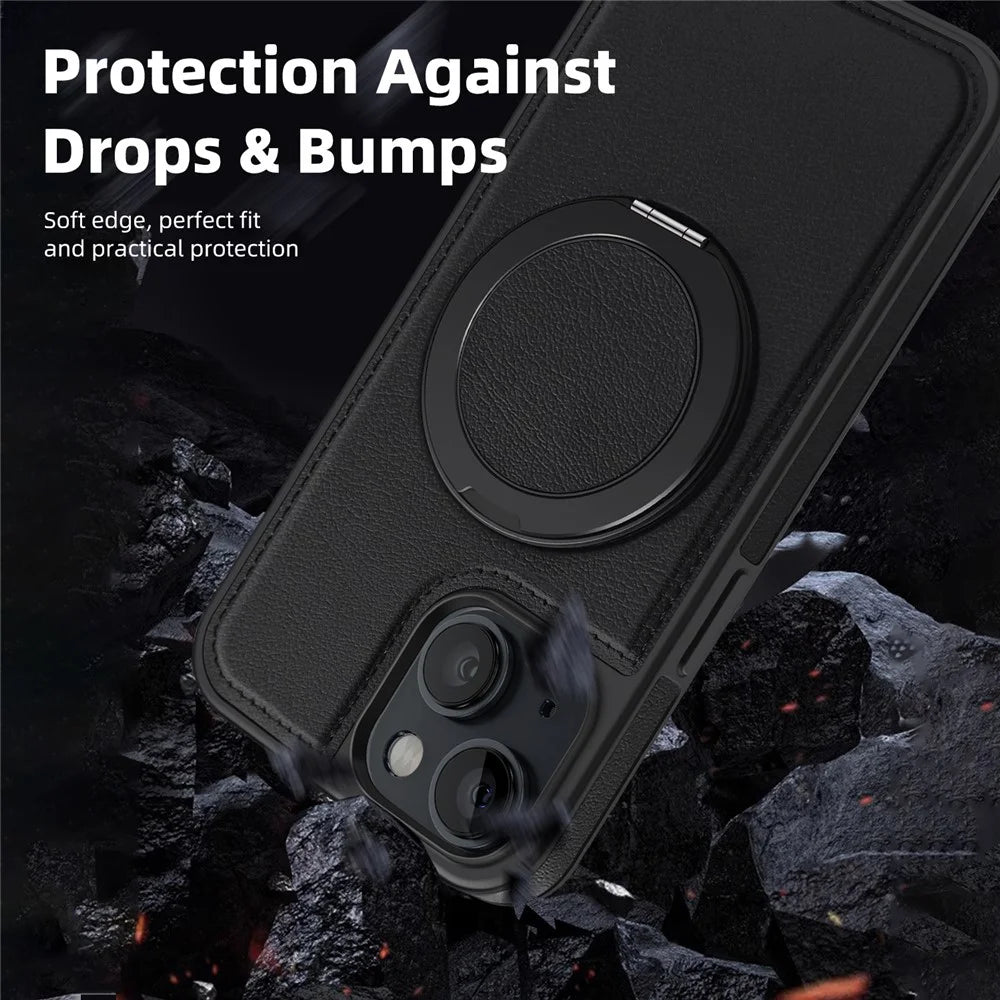 For iPhone 14 Case with Ring Kickstand Compatible with MagSafe PU Leather Back Cover - Black - 5