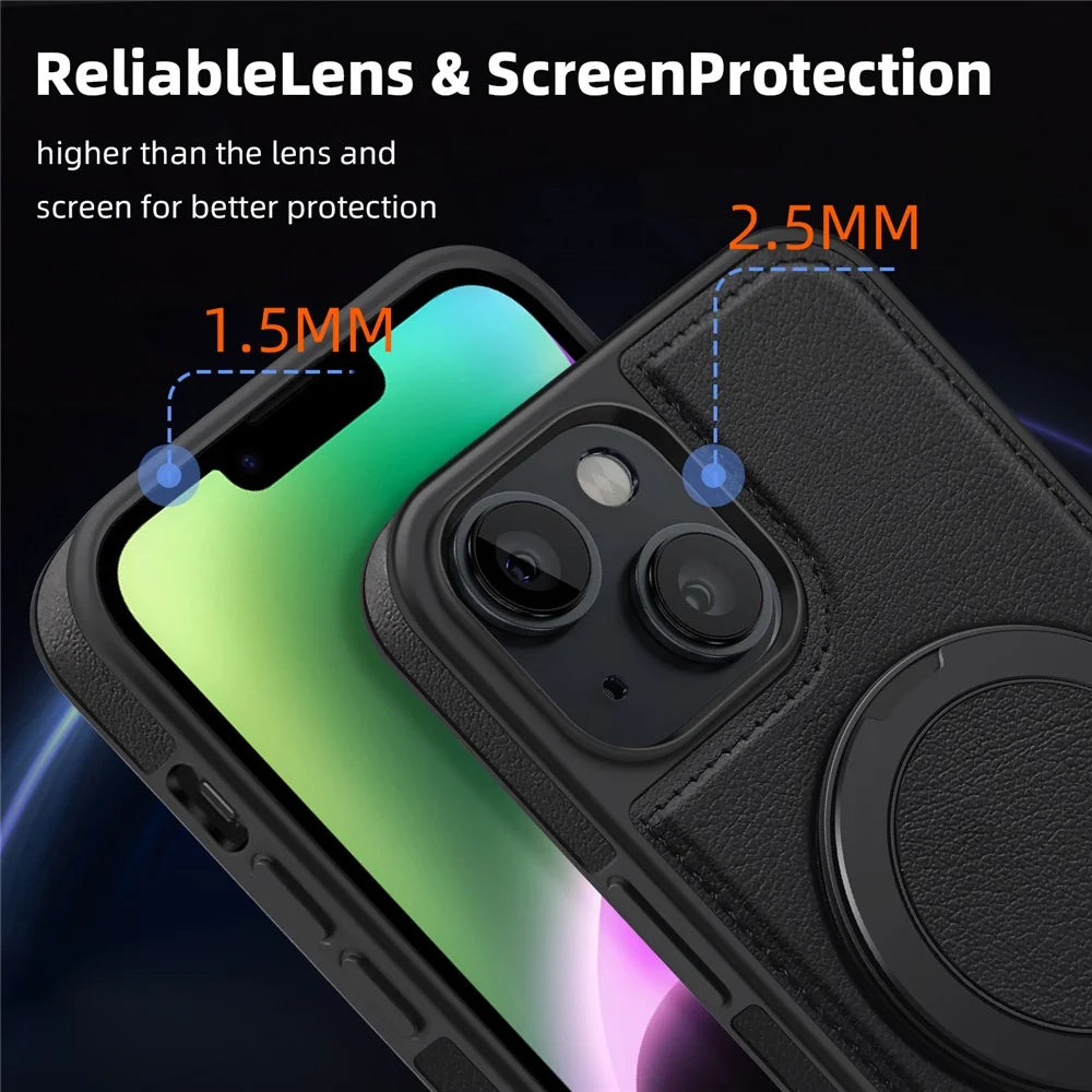 For iPhone 14 Case with Ring Kickstand Compatible with MagSafe PU Leather Back Cover - Black - 7