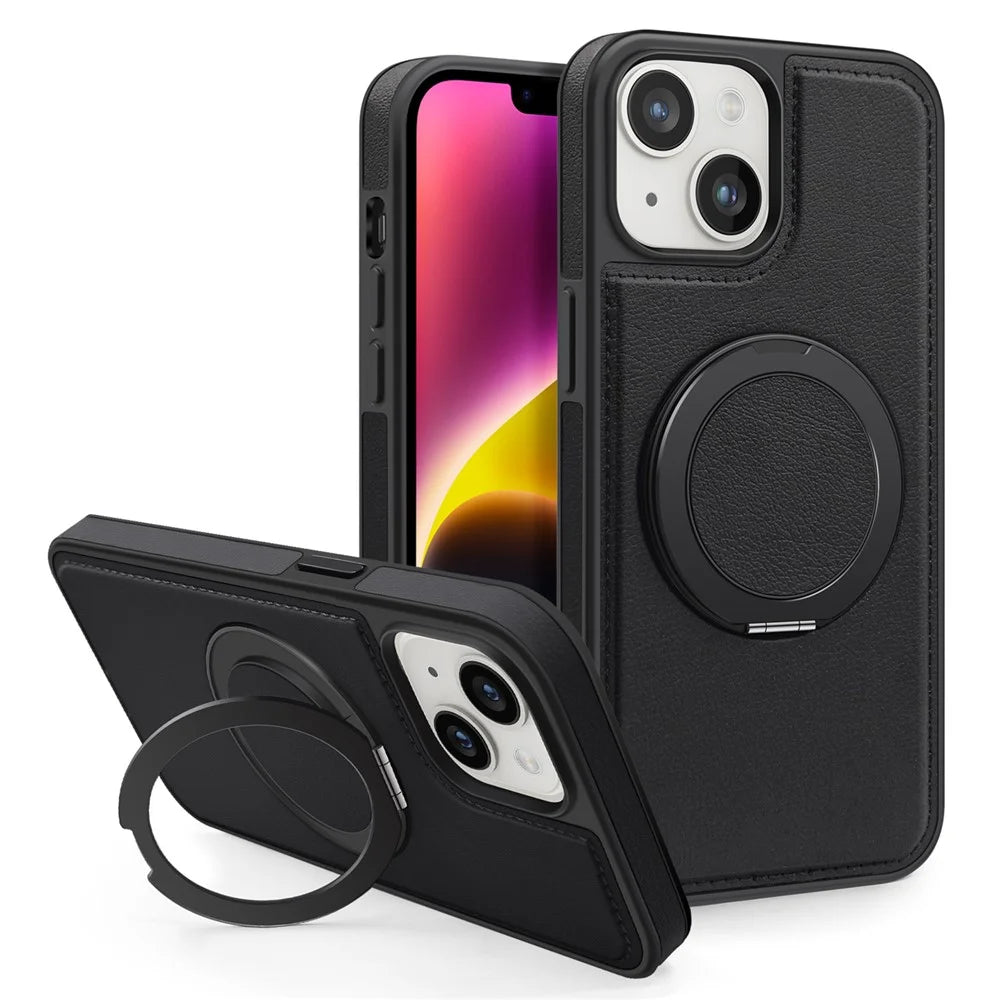 For iPhone 14 Plus Case with Ring Kickstand Compatible with MagSafe PU Leather Back Cover - Black - 1