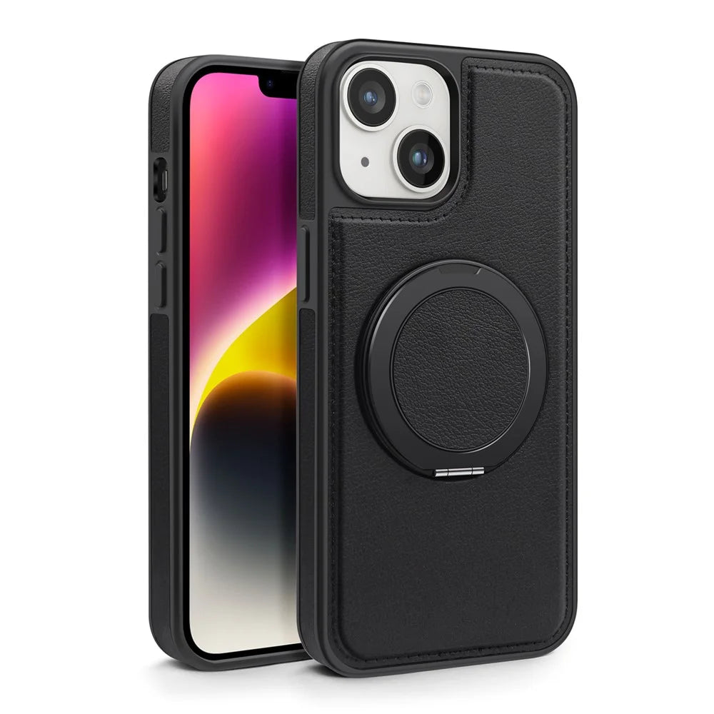 For iPhone 14 Plus Case with Ring Kickstand Compatible with MagSafe PU Leather Back Cover - Black - 2