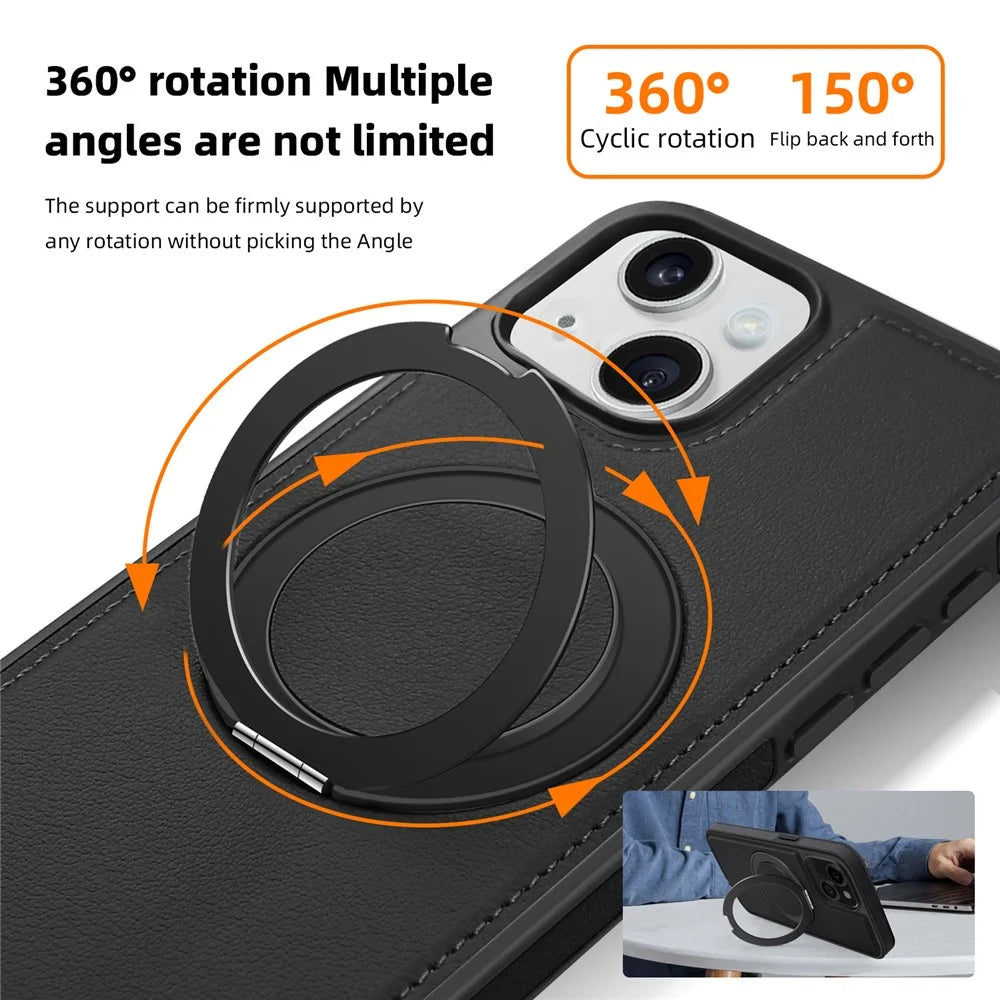 For iPhone 14 Plus Case with Ring Kickstand Compatible with MagSafe PU Leather Back Cover - Black - 3