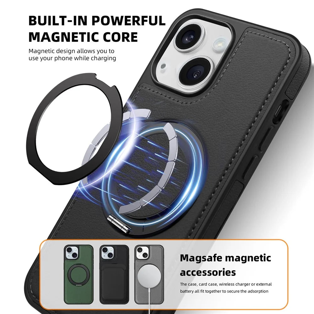 For iPhone 14 Plus Case with Ring Kickstand Compatible with MagSafe PU Leather Back Cover - Black - 4