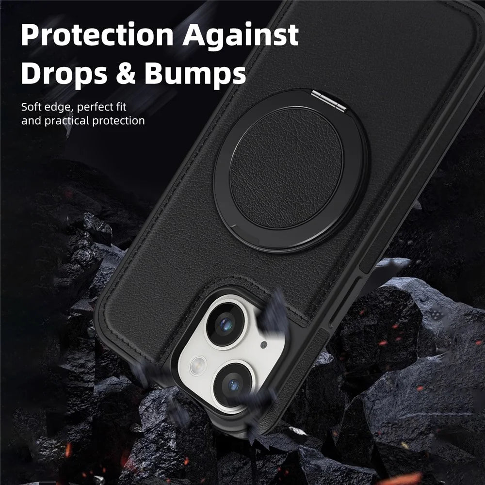 For iPhone 14 Plus Case with Ring Kickstand Compatible with MagSafe PU Leather Back Cover - Black - 5
