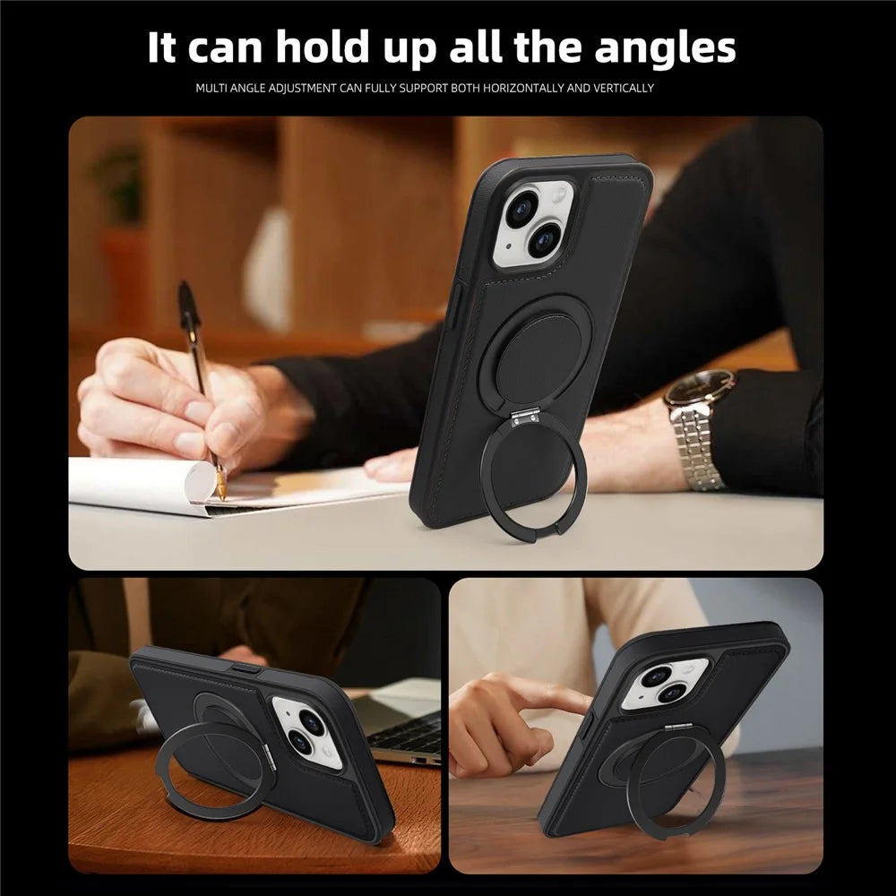 For iPhone 14 Plus Case with Ring Kickstand Compatible with MagSafe PU Leather Back Cover - Black - 6
