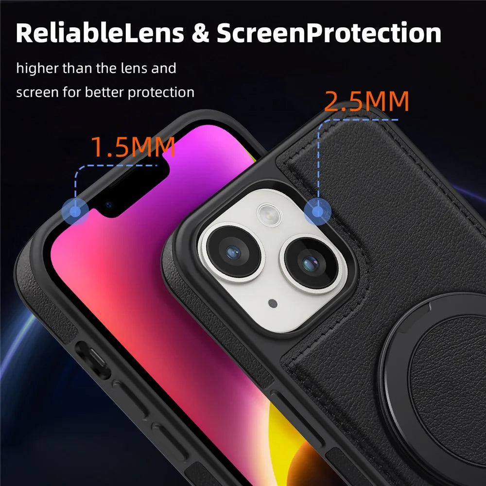 For iPhone 14 Plus Case with Ring Kickstand Compatible with MagSafe PU Leather Back Cover - Black - 7