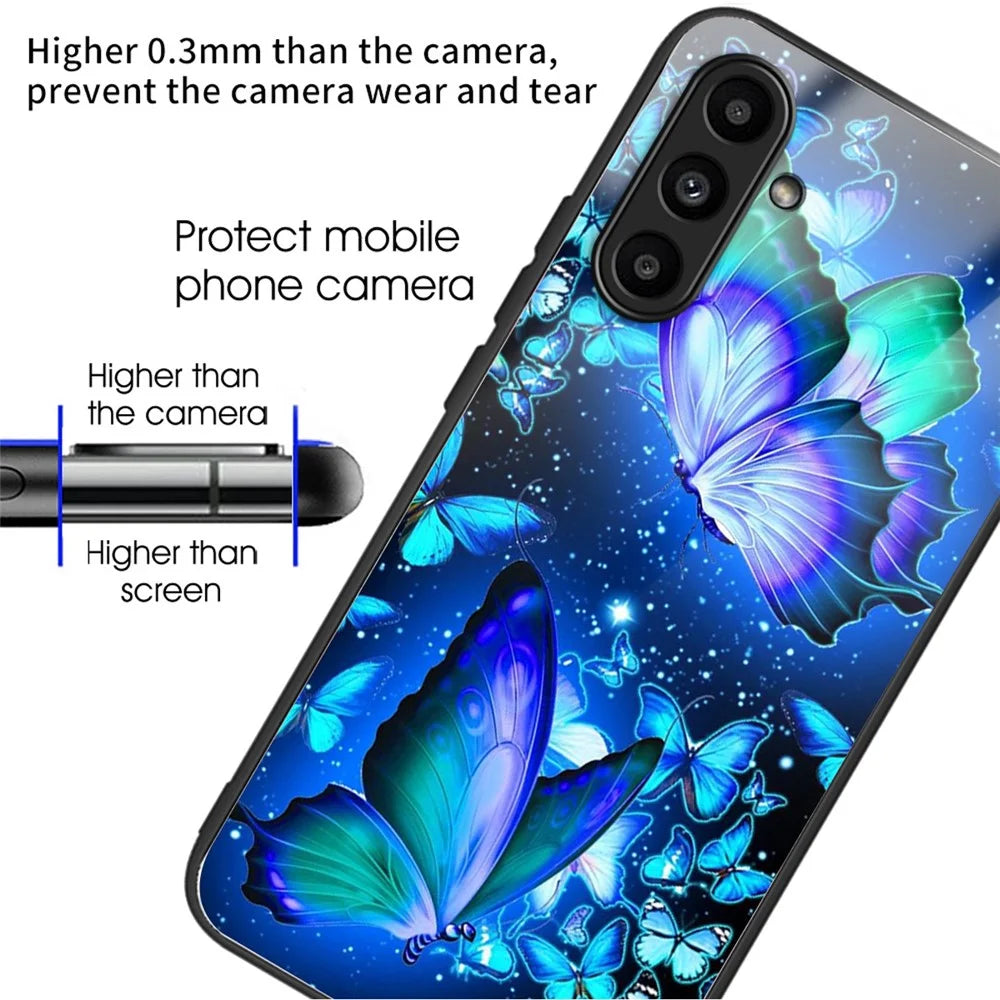 For Samsung Galaxy S23 FE Case Pattern Print TPU+Tempered Glass Phone Cover - Blue Butterflies - 2