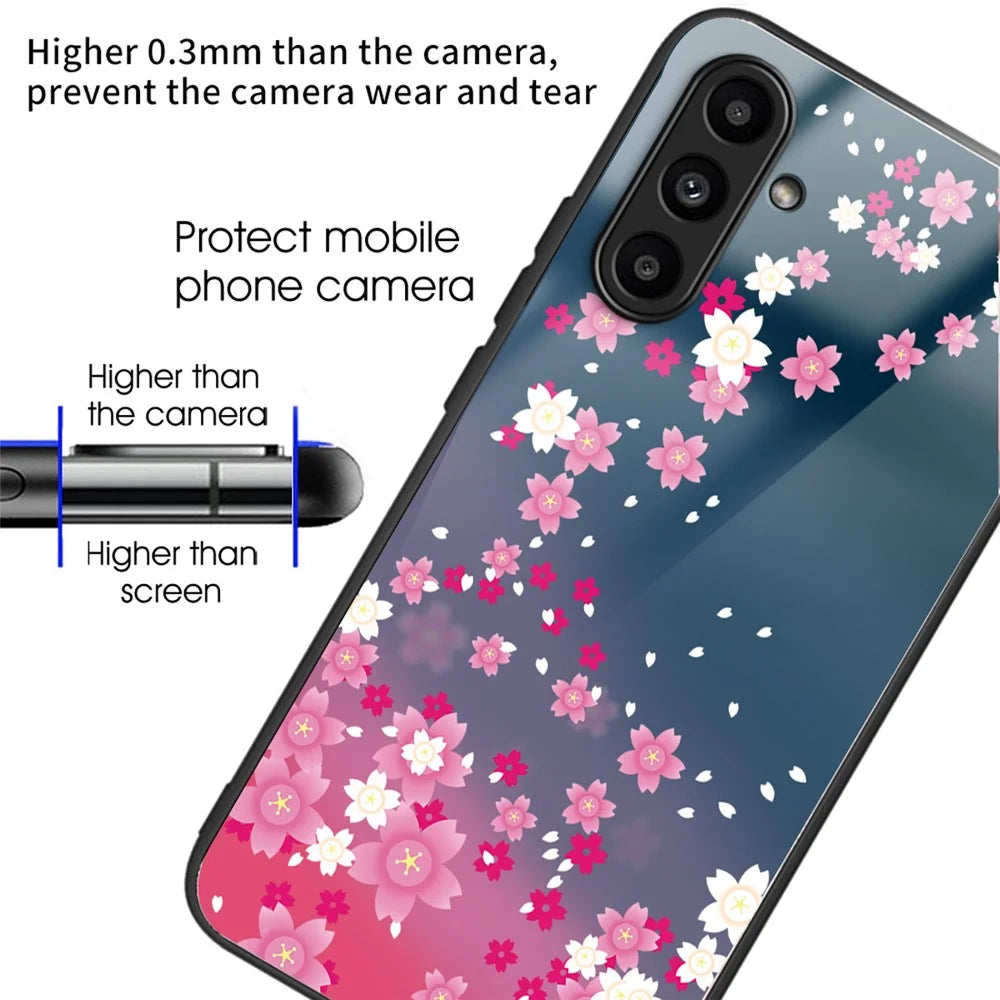 For Samsung Galaxy A14 4G / 5G   Case Fall Proof TPU+Tempered Glass Phone Cover - Pink Flowers - 2