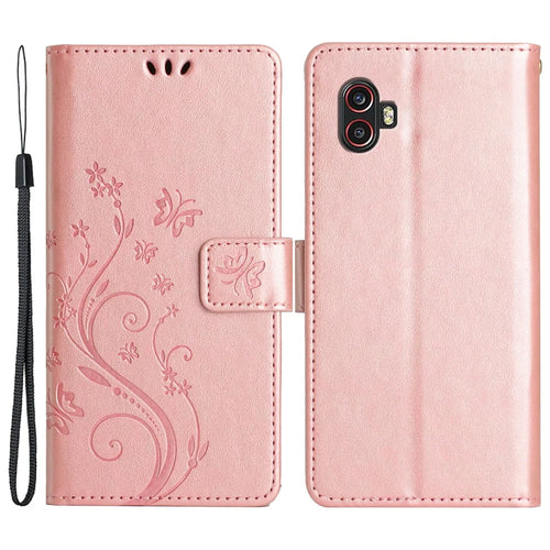 For Samsung Galaxy Xcover6 Pro 5G Wallet Phone Case Butterfly Floral Leather Flip Cover - Rose Gold - 1