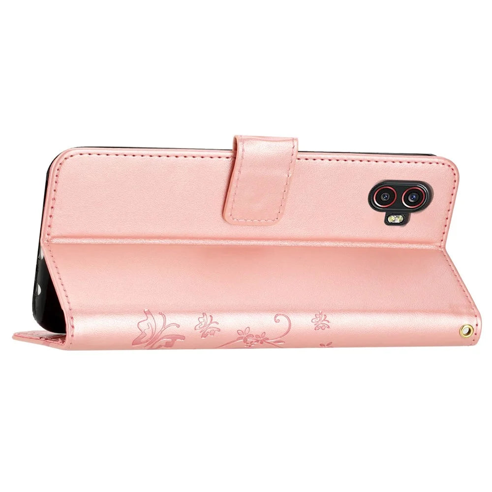 For Samsung Galaxy Xcover6 Pro 5G Wallet Phone Case Butterfly Floral Leather Flip Cover - Rose Gold - 4