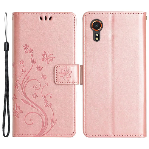 For Samsung Galaxy Xcover7 Case Leather Wallet Stand Phone Cover Butterfly Pattern - Rose Gold - 1