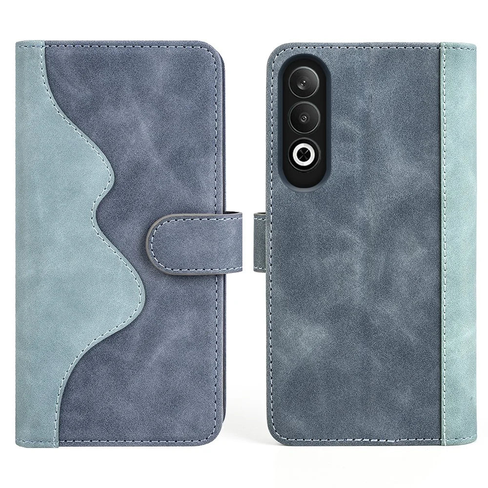 For OnePlus Nord CE4 5G / Oppo K12 Case Wallet Two-Color Splicing Leather Phone Cover - Blue - 1
