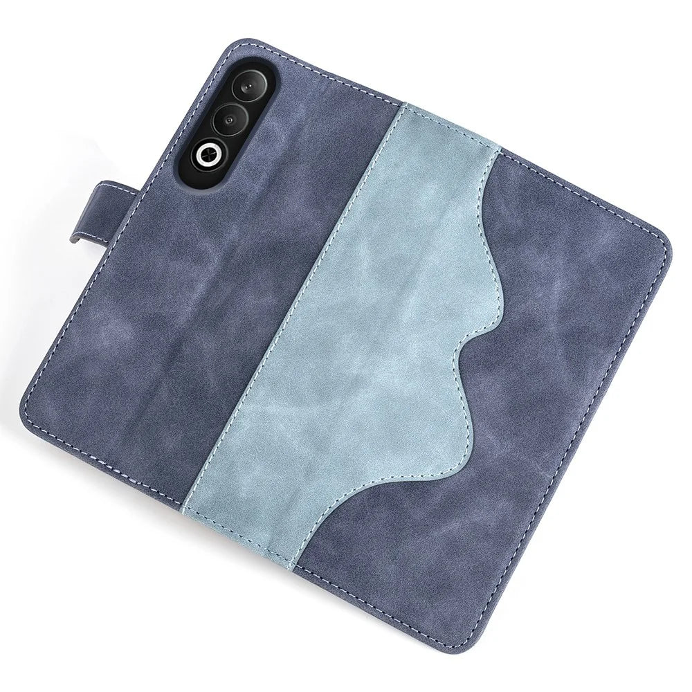 For OnePlus Nord CE4 5G / Oppo K12 Case Wallet Two-Color Splicing Leather Phone Cover - Blue - 4