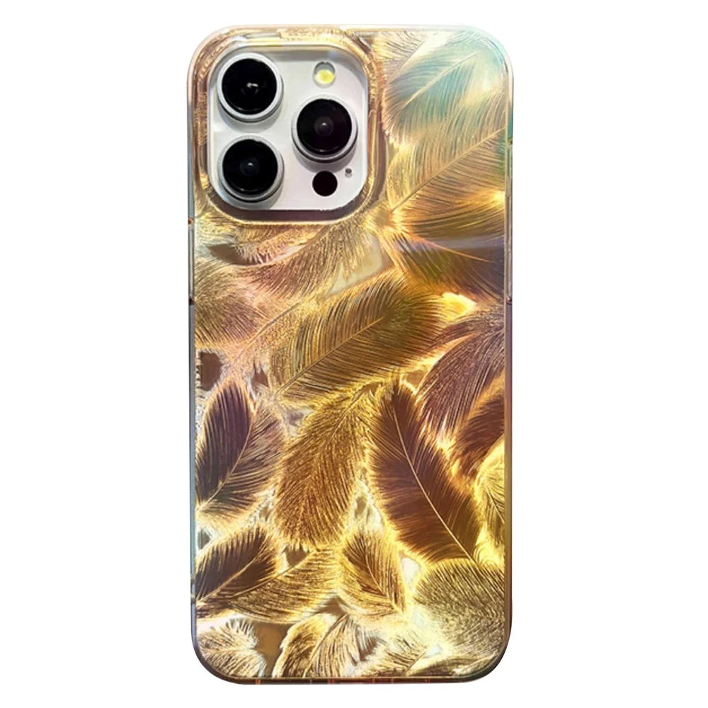 For iPhone 15 Pro Max Cell Phone Cases IMD Feather Pattern PC+TPU Drop Resistant Cover - Maple Leaf Yellow - 1