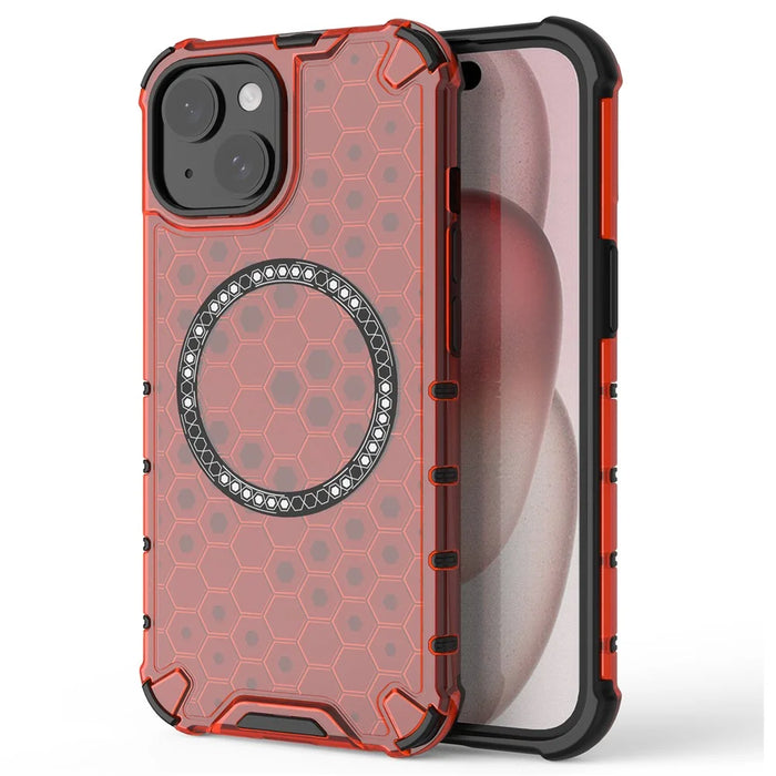 For iPhone 15 Case Honeycomb Design Magnetic TPU+PC Phone Cover - Red - 1