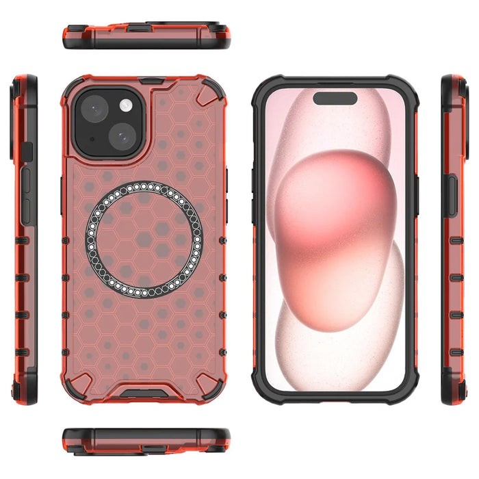 For iPhone 15 Case Honeycomb Design Magnetic TPU+PC Phone Cover - Red - 5