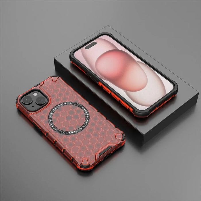 For iPhone 15 Case Honeycomb Design Magnetic TPU+PC Phone Cover - Red - 6