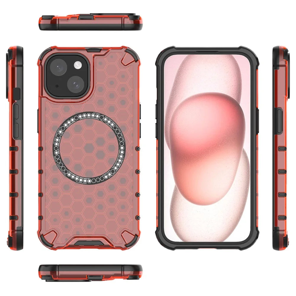 For iPhone 14 Magnetic Phone Case TPU+PC Honeycomb Design Phone Cover - Red - 5