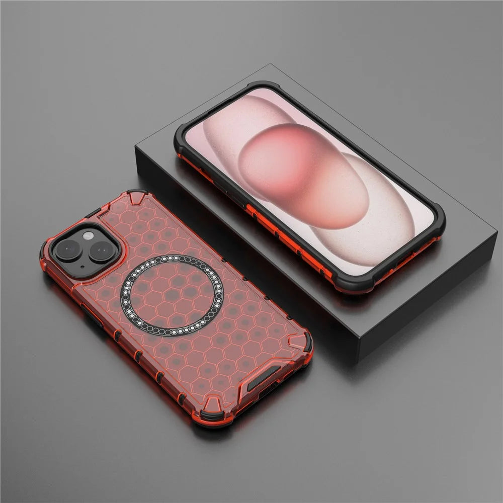 For iPhone 14 Magnetic Phone Case TPU+PC Honeycomb Design Phone Cover - Red - 6