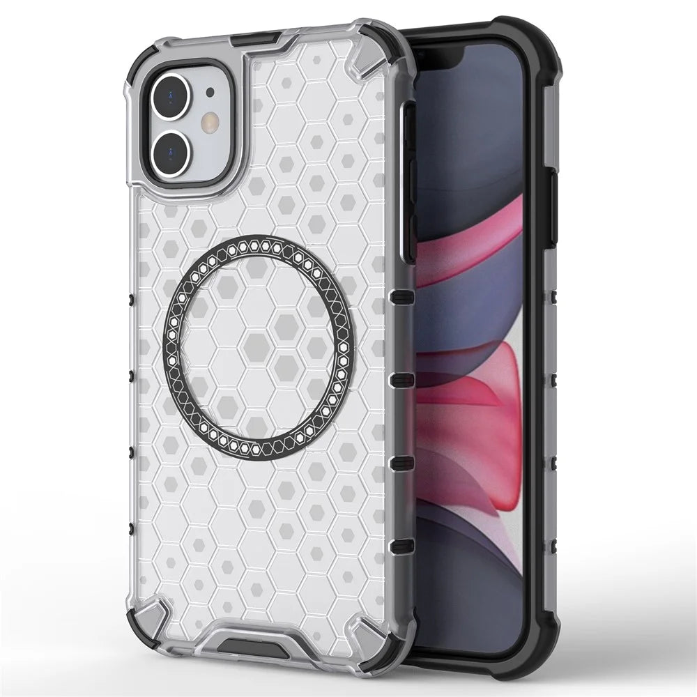 For iPhone 11 Case Compatible with MagSafe Honeycomb Design TPU+PC Phone Cover - Transparent - 1
