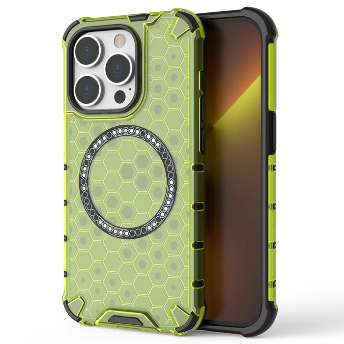 For iPhone 14 Pro Magnetic Phone Case Honeycomb Design TPU+PC Back Cover - Green - 1