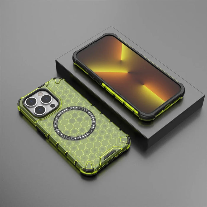 For iPhone 14 Pro Magnetic Phone Case Honeycomb Design TPU+PC Back Cover - Green - 6