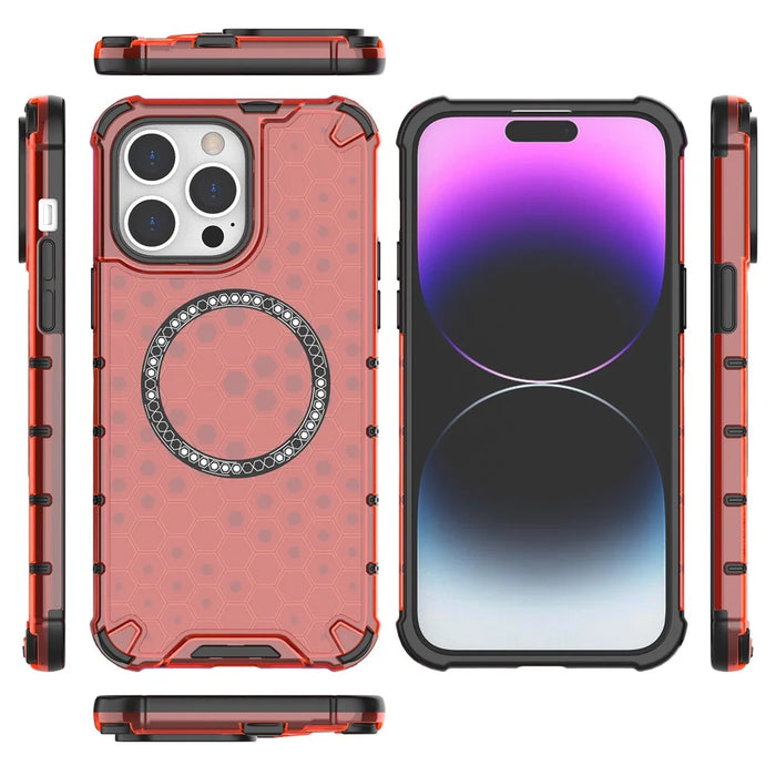 For iPhone 14 Pro Max Case Honeycomb TPU+PC Phone Cover Compatible with MagSafe - Red - 5