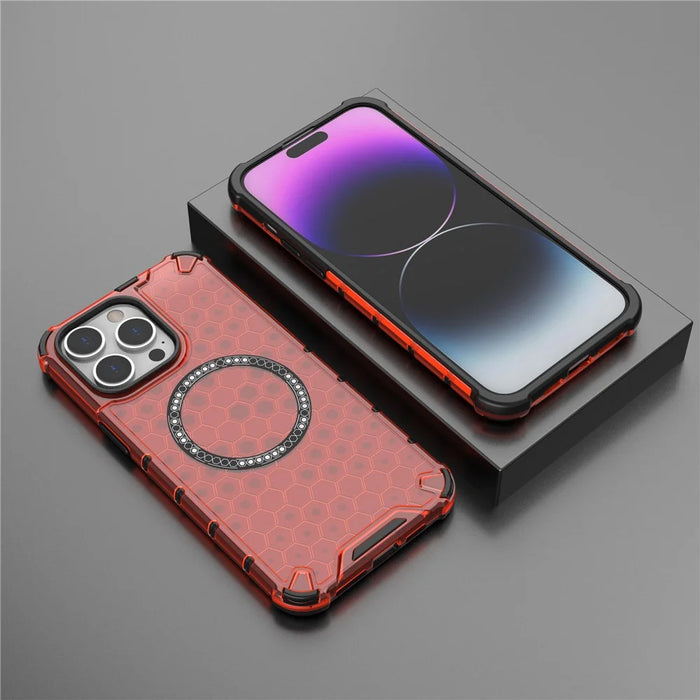 For iPhone 14 Pro Max Case Honeycomb TPU+PC Phone Cover Compatible with MagSafe - Red - 6