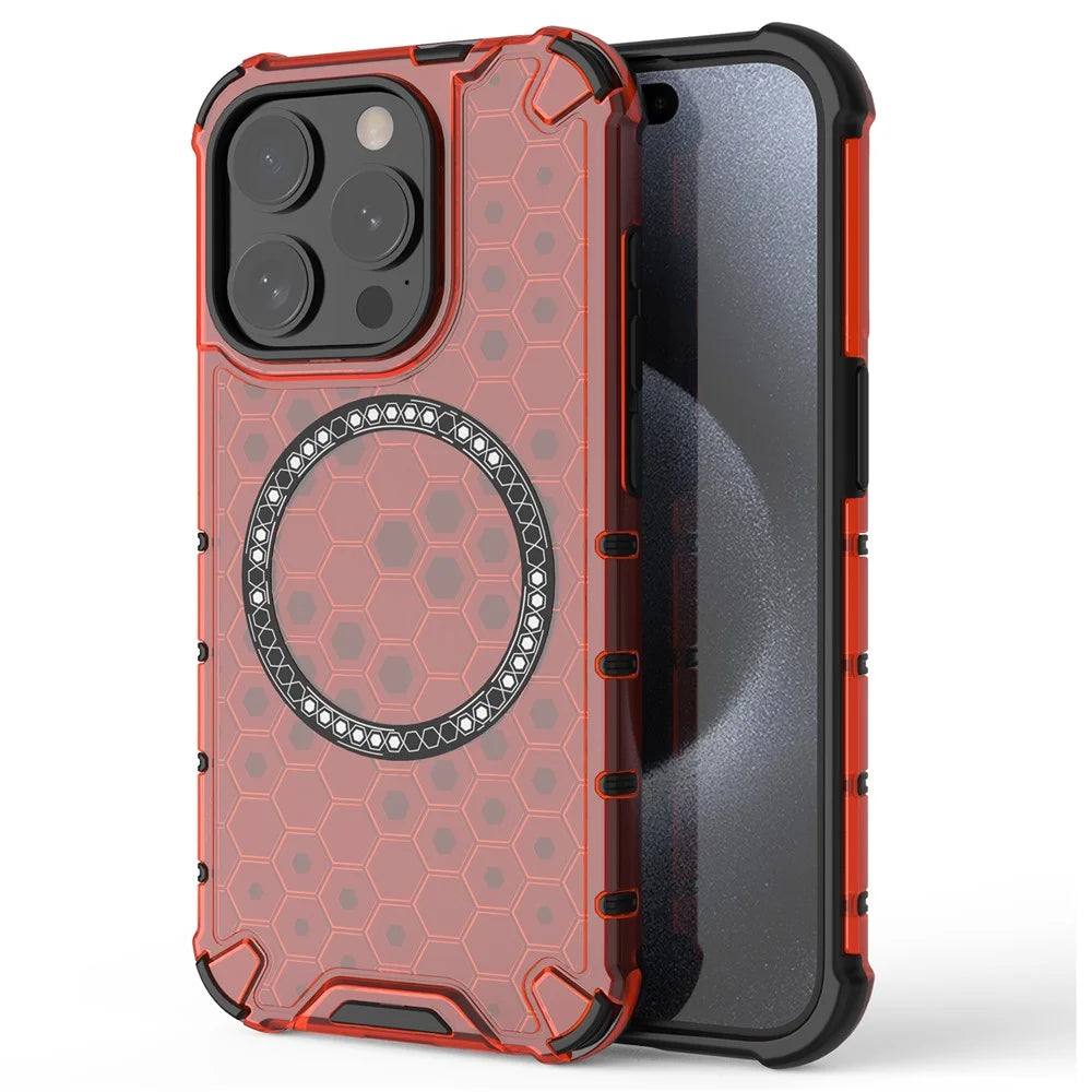 For iPhone 15 Pro Magnetic Case Honeycomb Texture TPU+PC Anti-Drop Phone Cover - Red - 1