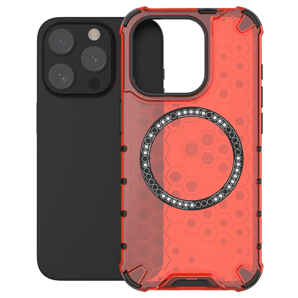 For iPhone 15 Pro Magnetic Case Honeycomb Texture TPU+PC Anti-Drop Phone Cover - Red - 4