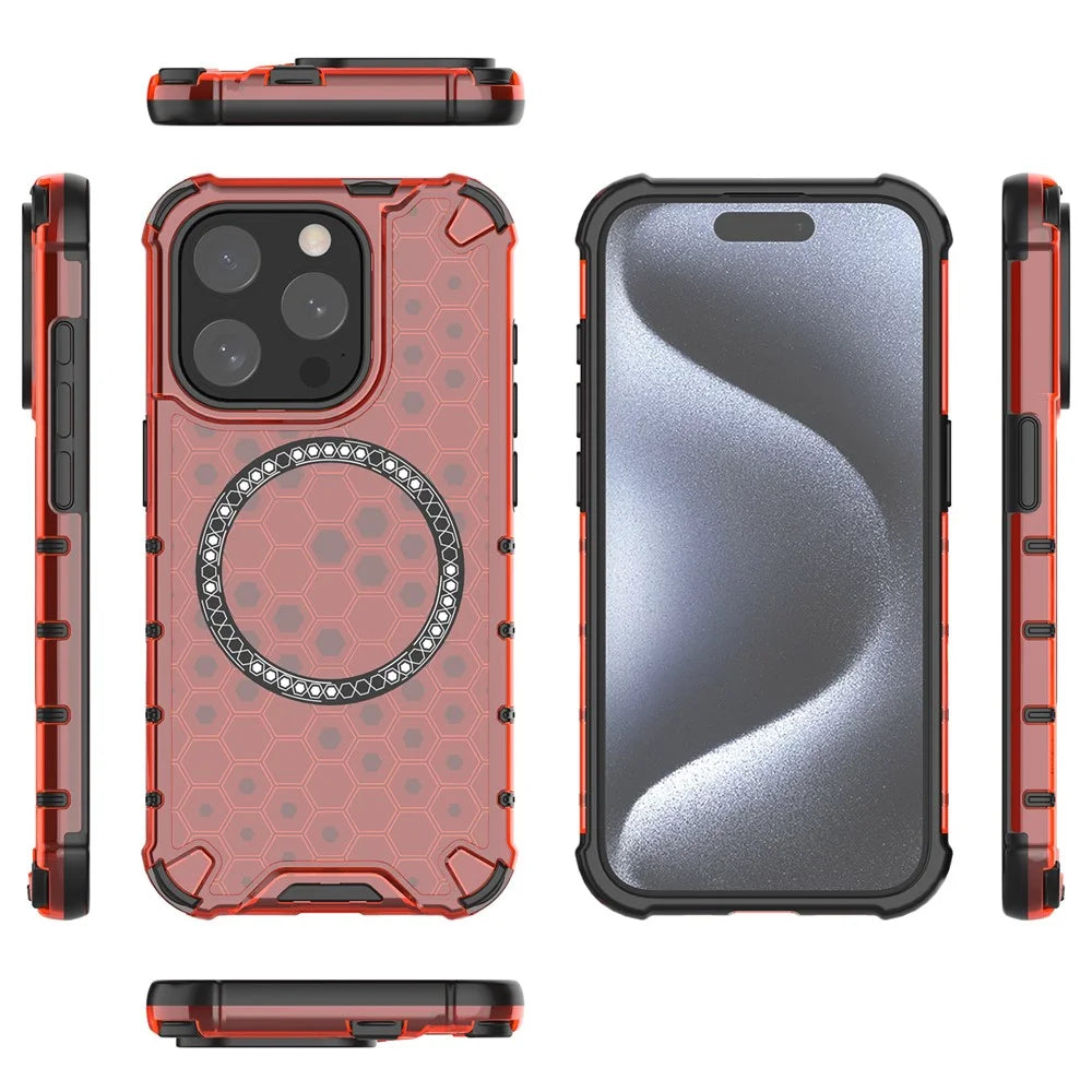 For iPhone 15 Pro Magnetic Case Honeycomb Texture TPU+PC Anti-Drop Phone Cover - Red - 5