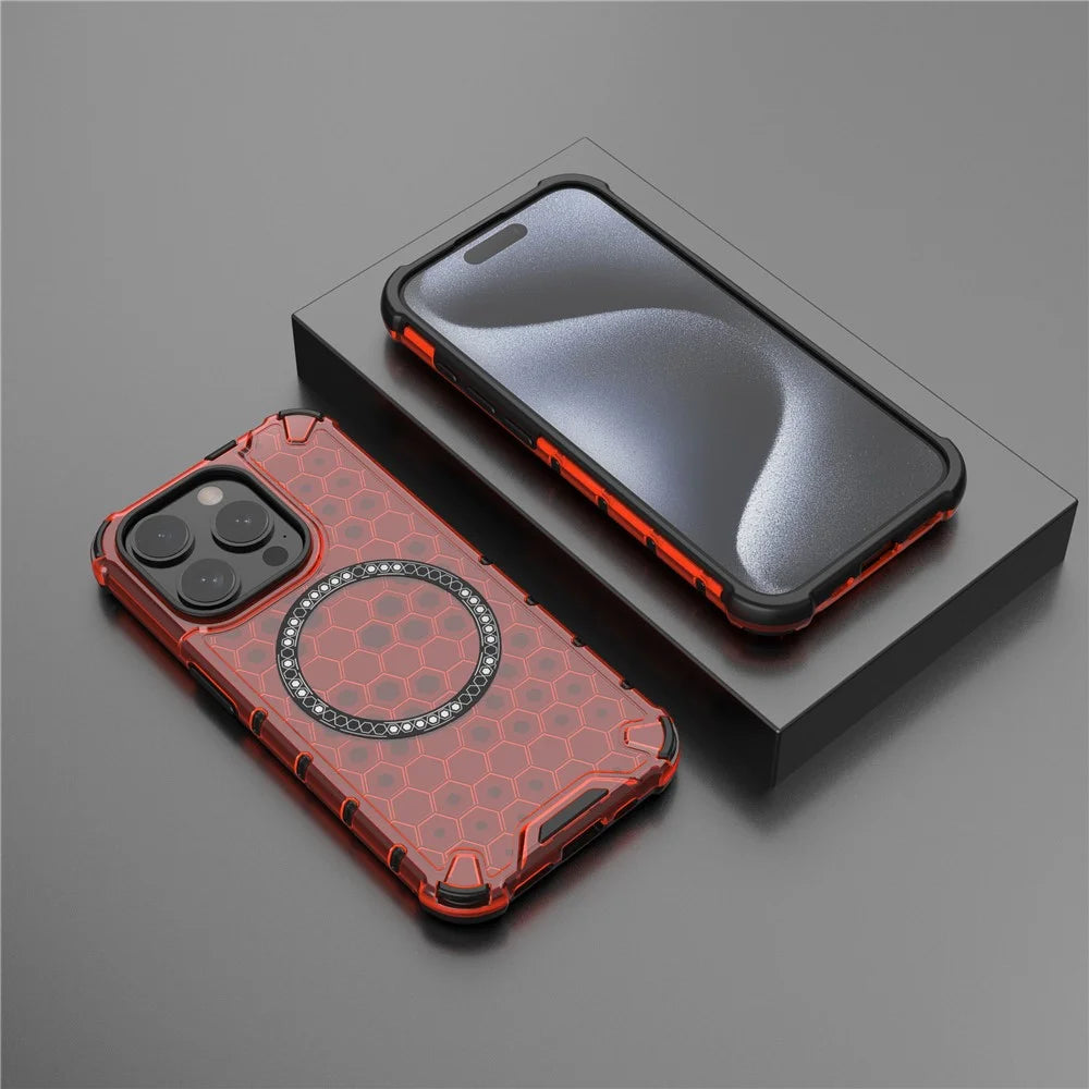 For iPhone 15 Pro Magnetic Case Honeycomb Texture TPU+PC Anti-Drop Phone Cover - Red - 6
