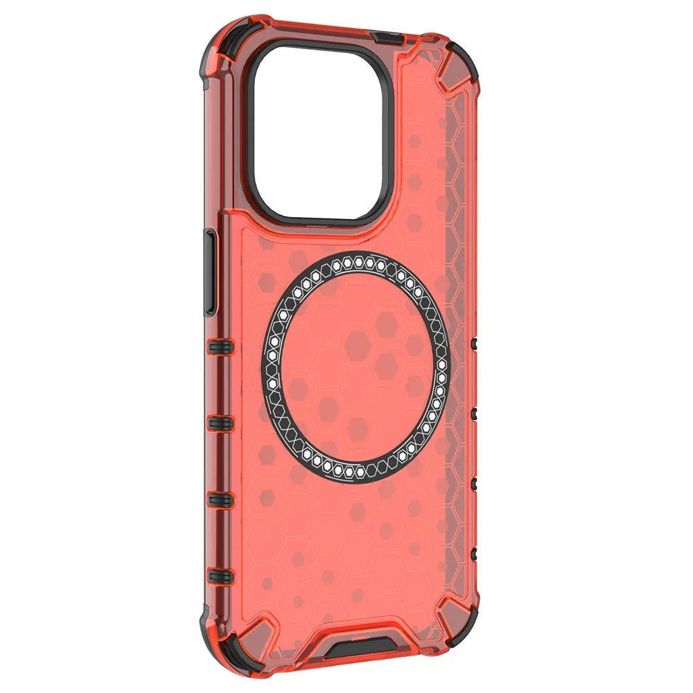 For iPhone 15 Pro Max Case Compatible with MagSafe Honeycomb Texture TPU+PC Phone Cover - Red - 3