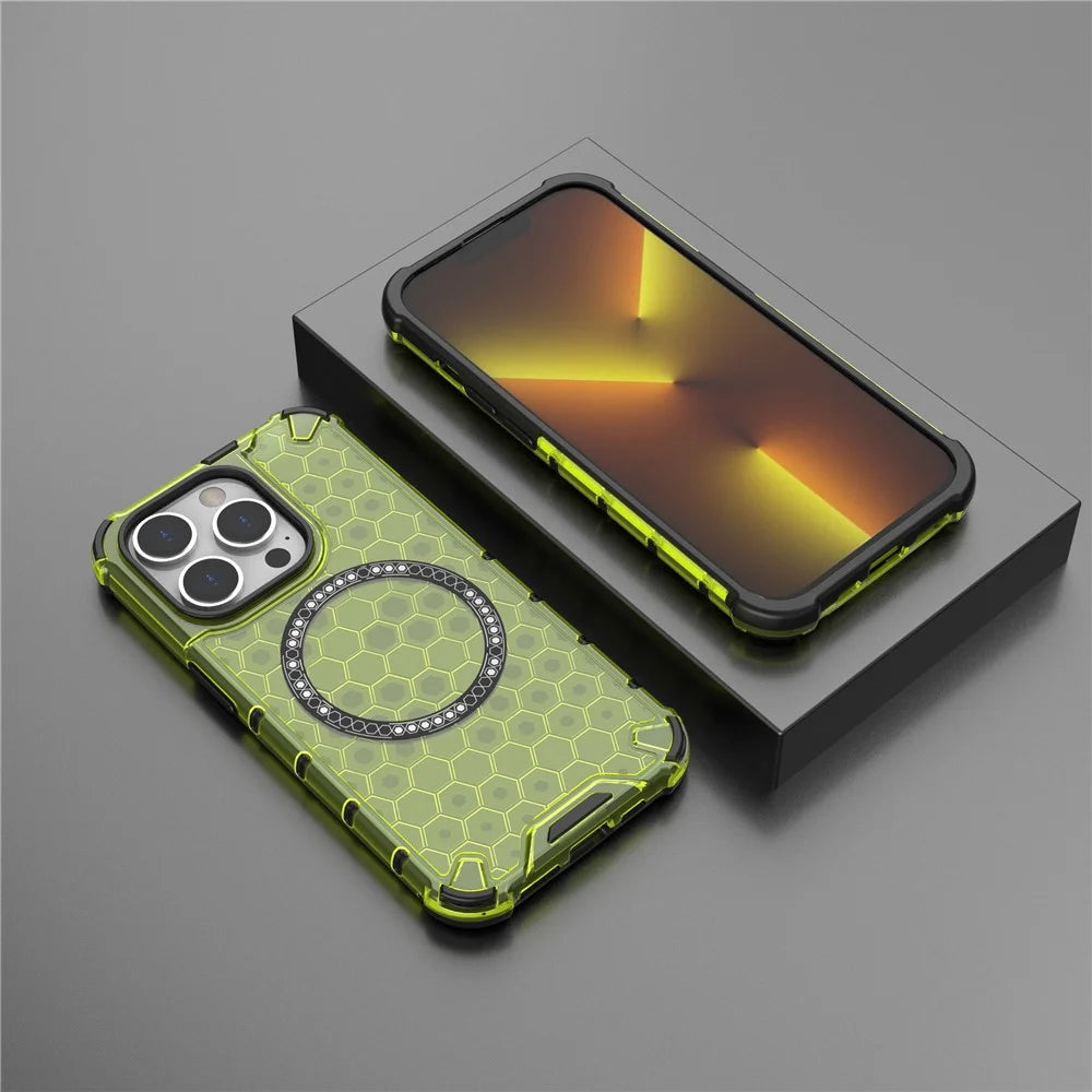 For iPhone 13 Pro Magnetic Case Honeycomb Design Thickened Corners TPU+PC Phone Cover - Green - 6