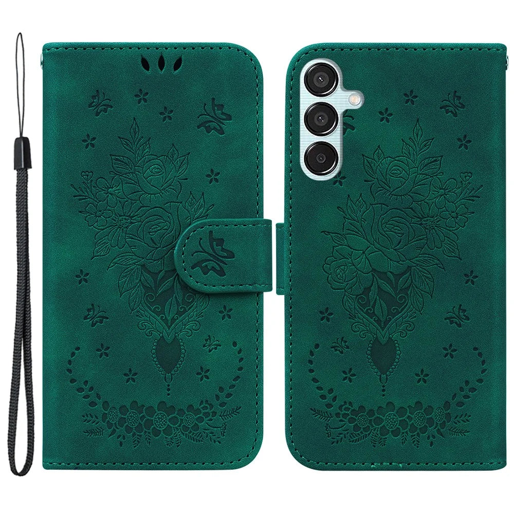 For Samsung Galaxy M15 5G / F15 5G Case Butterfly Flower Pattern Flip Leather Phone Cover - Green - 1