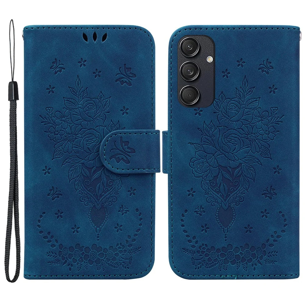For Samsung Galaxy M55 5G / C55 5G / F55 5G Phone Case Flower Imprint PU Leather Flip Wallet Cover - Blue - 1