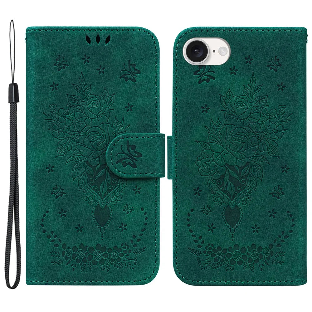 For iPhone 17e / 16e Wallet Phone Cases   Flower Imprint PU Leather Cover - Green - 1