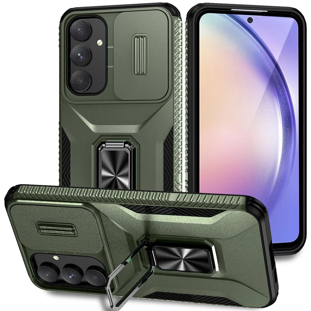 For Samsung Galaxy A55 5G Case TPU+PC Camera Lens Protection Kickstand Phone Cover - Green - 1