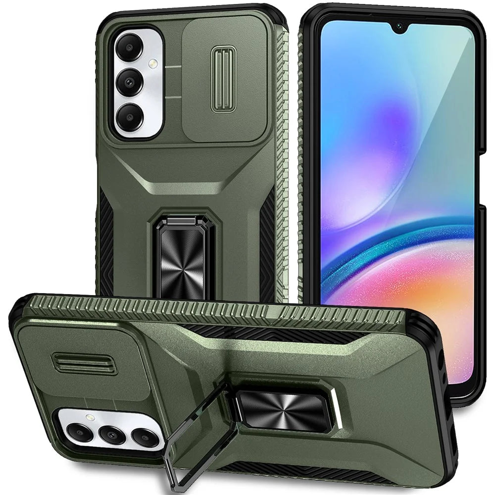 For Samsung Galaxy A05s 4G Kickstand Case TPU+PC Phone Cover with Slide Lens Lid - Green - 1