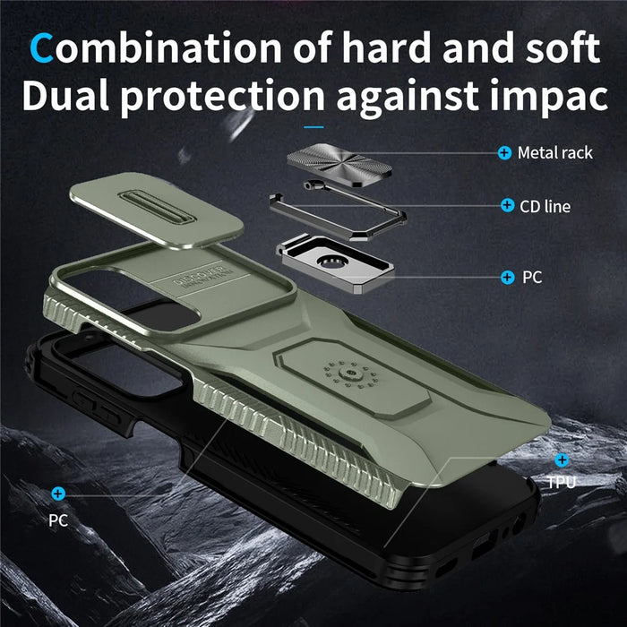 For Samsung Galaxy A05s 4G Kickstand Case TPU+PC Phone Cover with Slide Lens Lid - Green - 7