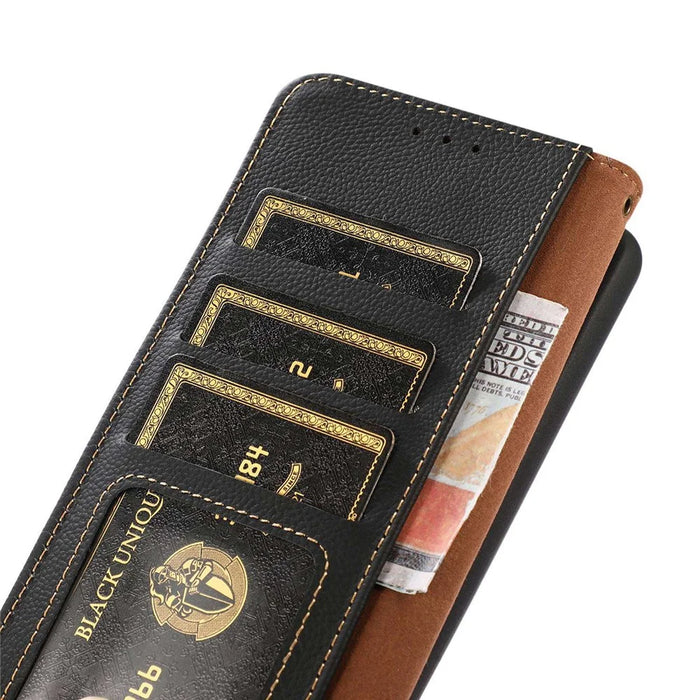 KHAZNEH For iPhone 16 Pro Max Wallet Case RFID Blocking Genuine Cow Leather Phone Cover - Black - 5