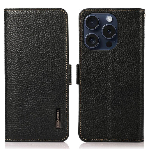 KHAZNEH For iPhone 16 Pro Max Wallet Case Genuine Cow Leather Phone Cover RFID Blocking - Black - 1