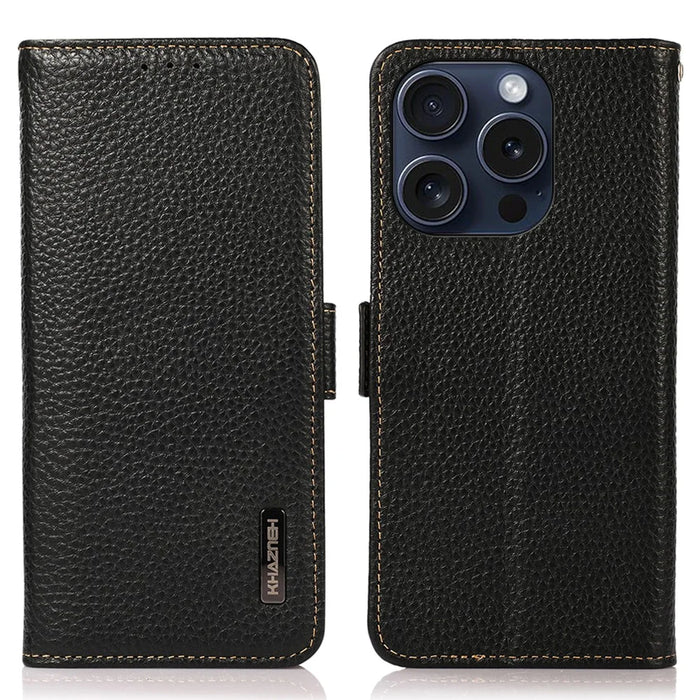KHAZNEH For iPhone 16 Pro Max Wallet Case Genuine Cow Leather Phone Cover RFID Blocking - Black - 1